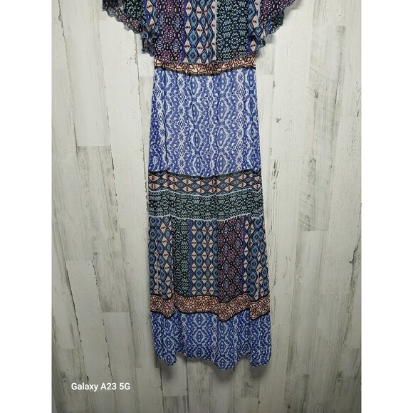 Chicos Dress Women 00 US Extra Small Blue Ikat Peasant Maxi Off Shoulder Blouson - Picture 5 of 8